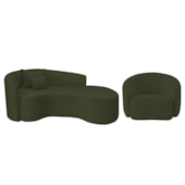 Kit Recamier Curvo Sala de Estar Inglaterra 180cm Lado Direito e Poltrona Orgânica Luxo Amore Linho Verde