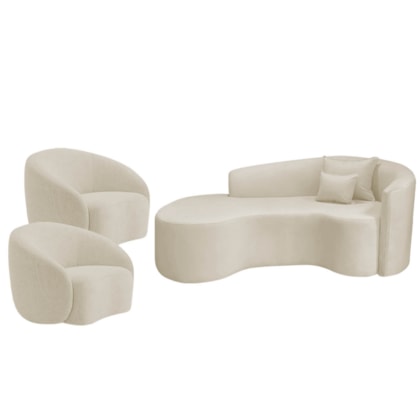 Kit Recamier Curvo Sala de Estar Inglaterra 180cm Lado Esquerdo e 2 Poltronas Orgânica Luxo Amore Bouclé Bege