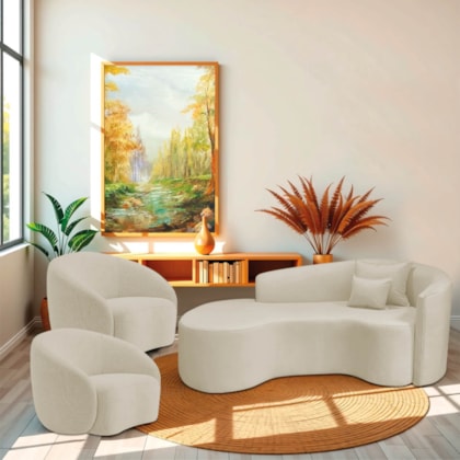 Kit Recamier Curvo Sala de Estar Inglaterra 180cm Lado Esquerdo e 2 Poltronas Orgânica Luxo Amore Bouclé Bege