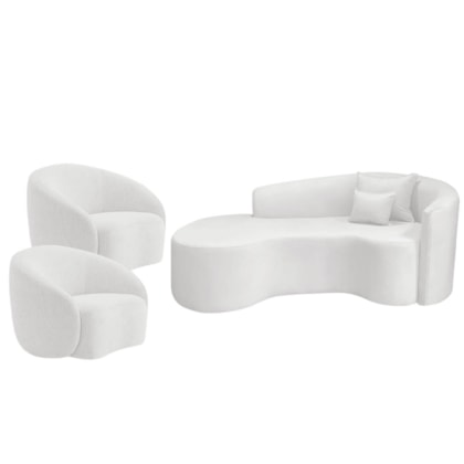 Kit Recamier Curvo Sala de Estar Inglaterra 180cm Lado Esquerdo e 2 Poltronas Orgânica Luxo Amore Bouclé Branco