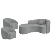 Kit Recamier Curvo Sala de Estar Inglaterra 180cm Lado Esquerdo e 2 Poltronas Orgânica Luxo Amore Bouclé Cinza