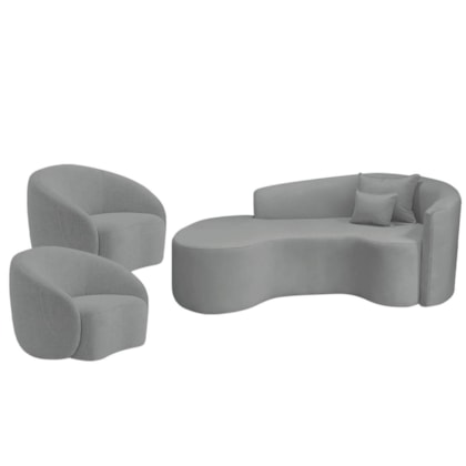 Kit Recamier Curvo Sala de Estar Inglaterra 180cm Lado Esquerdo e 2 Poltronas Orgânica Luxo Amore Bouclé Cinza