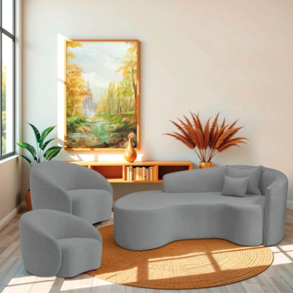 Kit Recamier Curvo Sala de Estar Inglaterra 180cm Lado Esquerdo e 2 Poltronas Orgânica Luxo Amore Bouclé Cinza