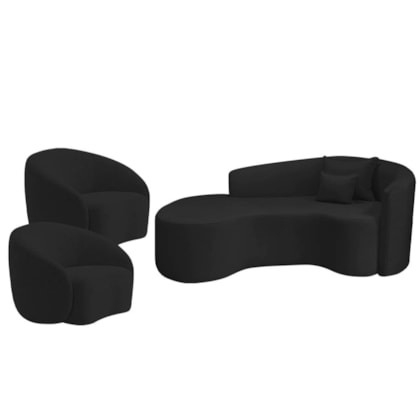 Kit Recamier Curvo Sala de Estar Inglaterra 180cm Lado Esquerdo e 2 Poltronas Orgânica Luxo Amore Bouclé Preto