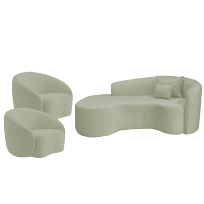 Kit Recamier Curvo Sala de Estar Inglaterra 180cm Lado Esquerdo e 2 Poltronas Orgânica Luxo Amore Bouclé Verde Oliva