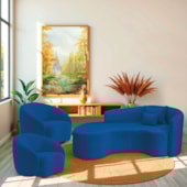 Kit Recamier Curvo Sala de Estar Inglaterra 180cm Lado Esquerdo e 2 Poltronas Orgânica Luxo Amore Linho Azul Royal
