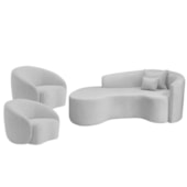Kit Recamier Curvo Sala de Estar Inglaterra 180cm Lado Esquerdo e 2 Poltronas Orgânica Luxo Amore Linho Cinza Claro