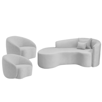 Kit Recamier Curvo Sala de Estar Inglaterra 180cm Lado Esquerdo e 2 Poltronas Orgânica Luxo Amore Linho Cinza Claro