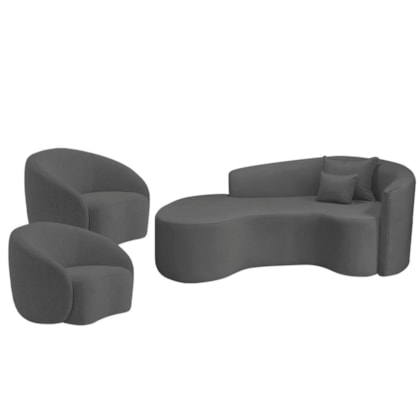 Kit Recamier Curvo Sala de Estar Inglaterra 180cm Lado Esquerdo e 2 Poltronas Orgânica Luxo Amore Linho Cinza Escuro