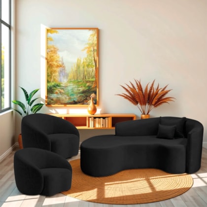 Kit Recamier Curvo Sala de Estar Inglaterra 180cm Lado Esquerdo e 2 Poltronas Orgânica Luxo Amore Linho Preto
