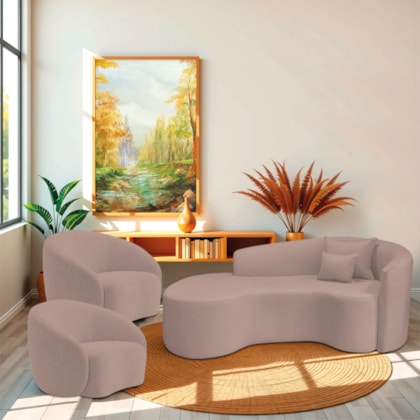 Kit Recamier Curvo Sala de Estar Inglaterra 180cm Lado Esquerdo e 2 Poltronas Orgânica Luxo Amore Linho Rose