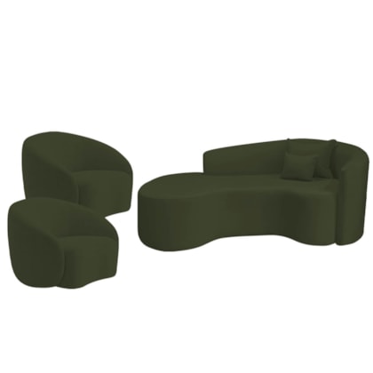 Kit Recamier Curvo Sala de Estar Inglaterra 180cm Lado Esquerdo e 2 Poltronas Orgânica Luxo Amore Linho Verde
