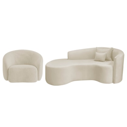 Kit Recamier Curvo Sala de Estar Inglaterra 180cm Lado Esquerdo e Poltrona Orgânica Luxo Amore Bouclé Bege