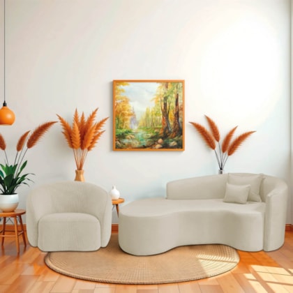 Kit Recamier Curvo Sala de Estar Inglaterra 180cm Lado Esquerdo e Poltrona Orgânica Luxo Amore Bouclé Bege