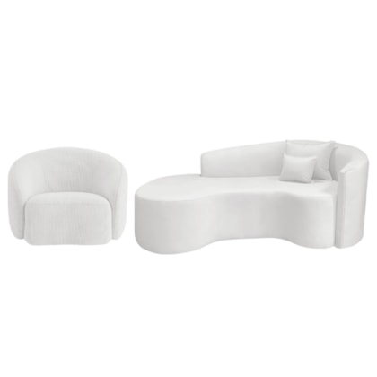 Kit Recamier Curvo Sala de Estar Inglaterra 180cm Lado Esquerdo e Poltrona Orgânica Luxo Amore Bouclé Branco