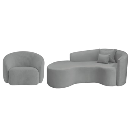 Kit Recamier Curvo Sala de Estar Inglaterra 180cm Lado Esquerdo e Poltrona Orgânica Luxo Amore Bouclé Cinza