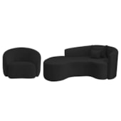 Kit Recamier Curvo Sala de Estar Inglaterra 180cm Lado Esquerdo e Poltrona Orgânica Luxo Amore Bouclé Preto