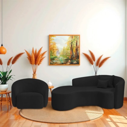 Kit Recamier Curvo Sala de Estar Inglaterra 180cm Lado Esquerdo e Poltrona Orgânica Luxo Amore Bouclé Preto