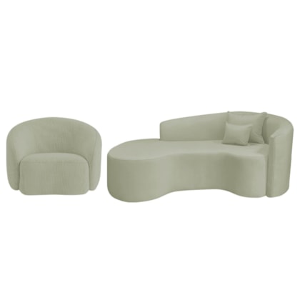 Kit Recamier Curvo Sala de Estar Inglaterra 180cm Lado Esquerdo e Poltrona Orgânica Luxo Amore Bouclé Verde Oliva