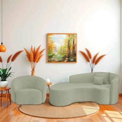 Kit Recamier Curvo Sala de Estar Inglaterra 180cm Lado Esquerdo e Poltrona Orgânica Luxo Amore Bouclé Verde Oliva