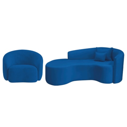 Kit Recamier Curvo Sala de Estar Inglaterra 180cm Lado Esquerdo e Poltrona Orgânica Luxo Amore Linho Azul Royal