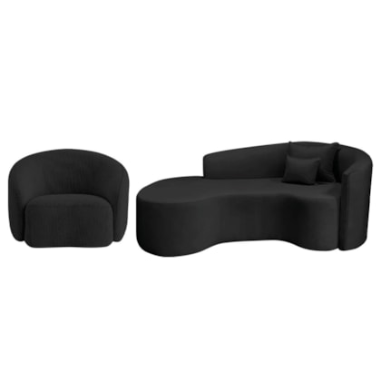 Kit Recamier Curvo Sala de Estar Inglaterra 180cm Lado Esquerdo e Poltrona Orgânica Luxo Amore Linho Preto