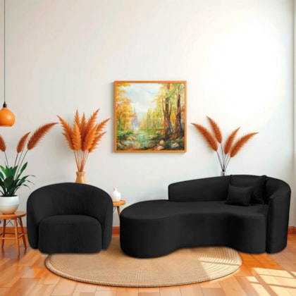Kit Recamier Curvo Sala de Estar Inglaterra 180cm Lado Esquerdo e Poltrona Orgânica Luxo Amore Linho Preto