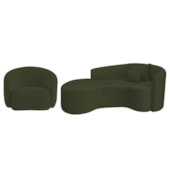 Kit Recamier Curvo Sala de Estar Inglaterra 180cm Lado Esquerdo e Poltrona Orgânica Luxo Amore Linho Verde