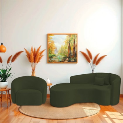 Kit Recamier Curvo Sala de Estar Inglaterra 180cm Lado Esquerdo e Poltrona Orgânica Luxo Amore Linho Verde