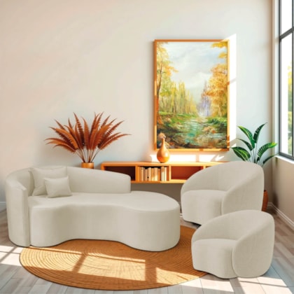 Kit Recamier Curvo Sala de Estar Inglaterra 200cm Lado Direito e 2 Poltronas Orgânica Luxo Amore Bouclé Bege