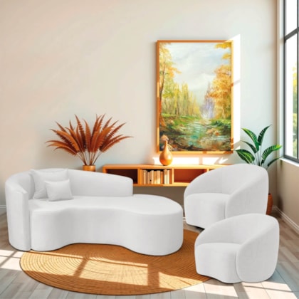 Kit Recamier Curvo Sala de Estar Inglaterra 200cm Lado Direito e 2 Poltronas Orgânica Luxo Amore Bouclé Branco