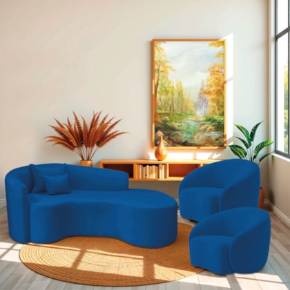 Kit Recamier Curvo Sala de Estar Inglaterra 200cm Lado Direito e 2 Poltronas Orgânica Luxo Amore Linho Azul Royal