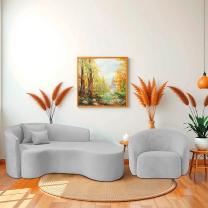 Kit Recamier Curvo Sala de Estar Inglaterra 200cm Lado Direito e 2 Poltronas Orgânica Luxo Amore Linho Cinza Claro
