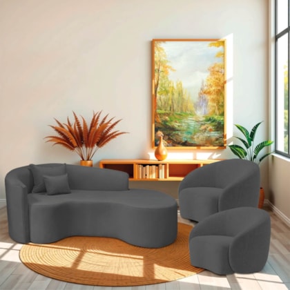 Kit Recamier Curvo Sala de Estar Inglaterra 200cm Lado Direito e 2 Poltronas Orgânica Luxo Amore Linho Cinza Escuro