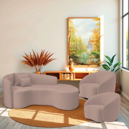 Kit Recamier Curvo Sala de Estar Inglaterra 200cm Lado Direito e 2 Poltronas Orgânica Luxo Amore Linho Rose