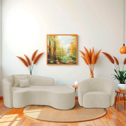 Kit Recamier Curvo Sala de Estar Inglaterra 200cm Lado Direito e Poltrona Orgânica Luxo Amore Bouclé Bege