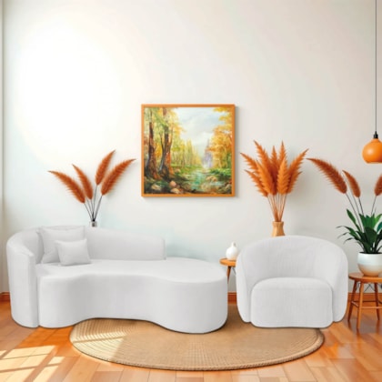 Kit Recamier Curvo Sala de Estar Inglaterra 200cm Lado Direito e Poltrona Orgânica Luxo Amore Bouclé Branco