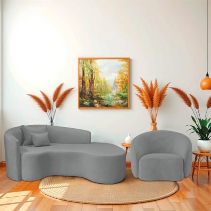 Kit Recamier Curvo Sala de Estar Inglaterra 200cm Lado Direito e Poltrona Orgânica Luxo Amore Bouclé Cinza