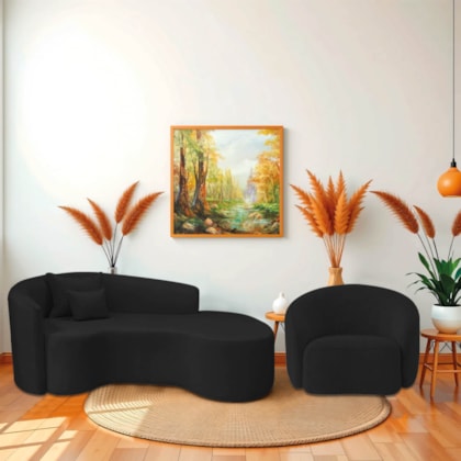 Kit Recamier Curvo Sala de Estar Inglaterra 200cm Lado Direito e Poltrona Orgânica Luxo Amore Bouclé Preto