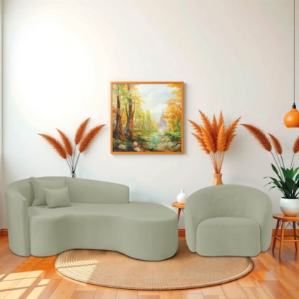 Kit Recamier Curvo Sala de Estar Inglaterra 200cm Lado Direito e Poltrona Orgânica Luxo Amore Bouclé Verde Oliva