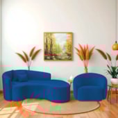 Kit Recamier Curvo Sala de Estar Inglaterra 200cm Lado Direito e Poltrona Orgânica Luxo Amore Linho Azul Royal