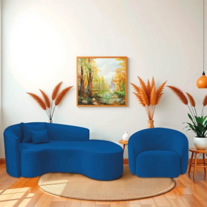 Kit Recamier Curvo Sala de Estar Inglaterra 200cm Lado Direito e Poltrona Orgânica Luxo Amore Linho Azul Royal