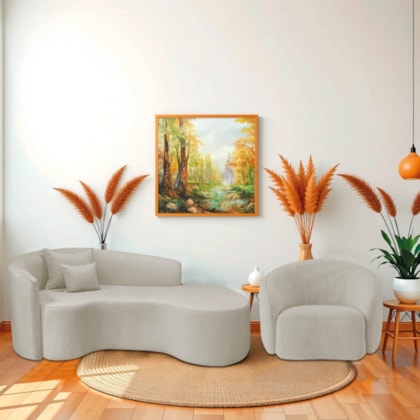 Kit Recamier Curvo Sala de Estar Inglaterra 200cm Lado Direito e Poltrona Orgânica Luxo Amore Linho Bege