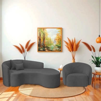 Kit Recamier Curvo Sala de Estar Inglaterra 200cm Lado Direito e Poltrona Orgânica Luxo Amore Linho Cinza Escuro