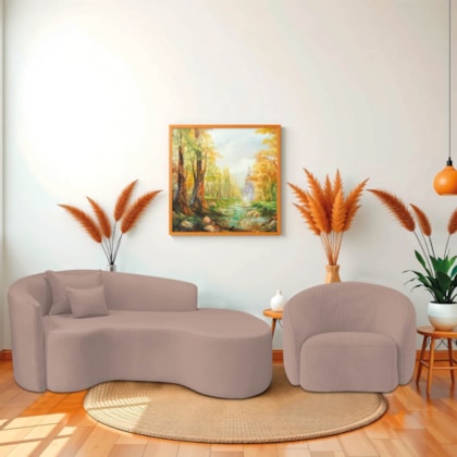 Kit Recamier Curvo Sala de Estar Inglaterra 200cm Lado Direito e Poltrona Orgânica Luxo Amore Linho Rose
