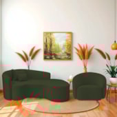 Kit Recamier Curvo Sala de Estar Inglaterra 200cm Lado Direito e Poltrona Orgânica Luxo Amore Linho Verde