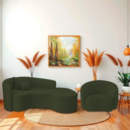 Kit Recamier Curvo Sala de Estar Inglaterra 200cm Lado Direito e Poltrona Orgânica Luxo Amore Linho Verde