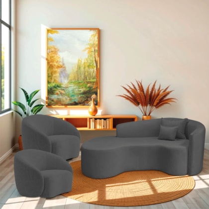 Kit Recamier Curvo Sala de Estar Inglaterra 200cm Lado Esquerdo e 2 Poltronas Orgânica Luxo Amore Linho Cinza Escuro