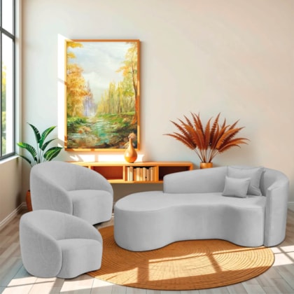 Kit Recamier Curvo Sala de Estar Inglaterra 200cm Lado Esquerdo e 2 Poltronas Orgânica Luxo Amore Linho Cinza Claro