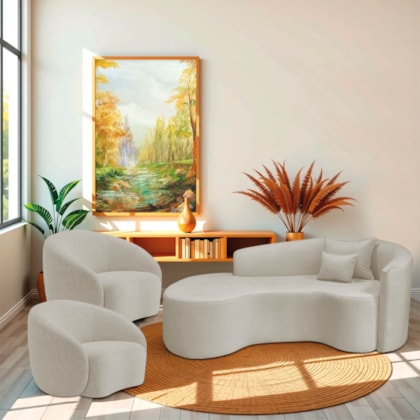 Kit Recamier Curvo Sala de Estar Inglaterra 200cm Lado Esquerdo e 2 Poltronas Orgânica Luxo Amore Linho Bege